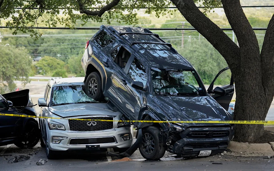 The stolen Toyota 4-Runner crashed into a Volkswagen before landing on top of an Infiniti SUV