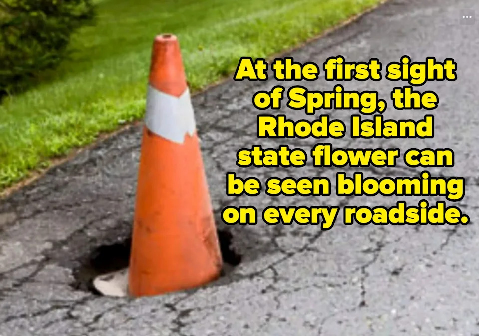 Traffic cone placed in a road pothole, surrounded by cracked asphalt