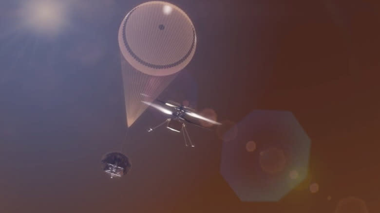 A helicopter drone launches from a drop pod as part of the Skyfall mission (artist's rendering)