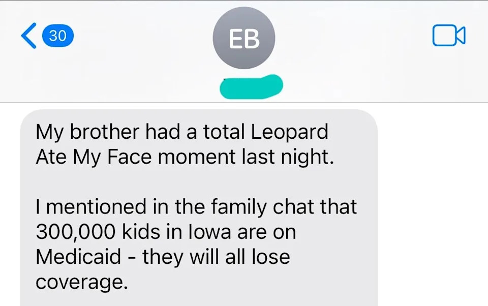 Text message chat about a public figure on Medicaid, discussing hypocrisy and lack of awareness about personal connections