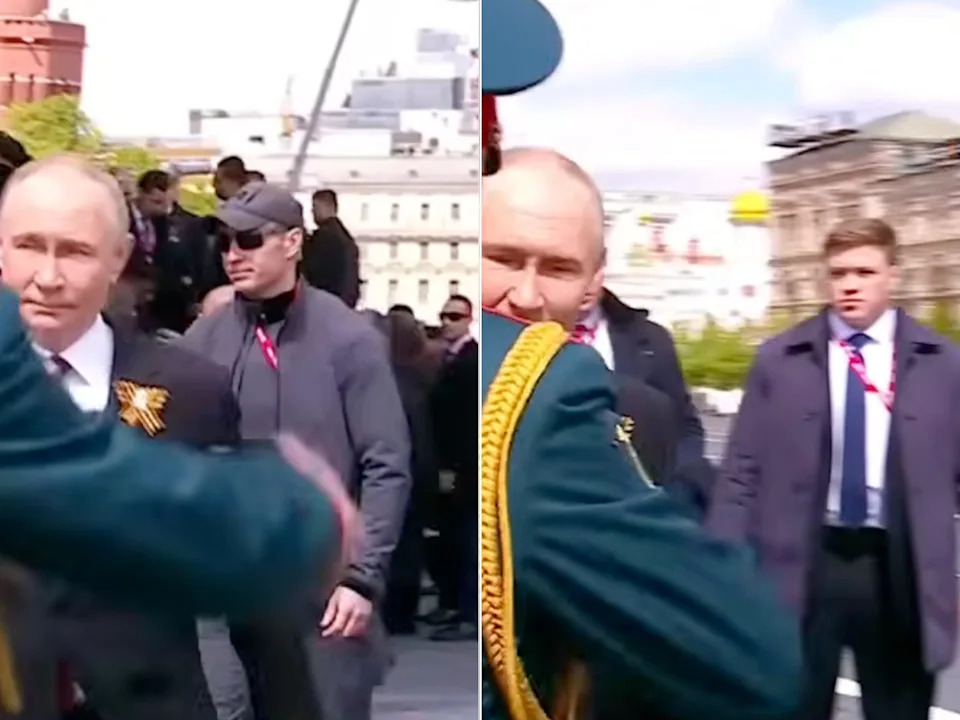 Two photos show members of Putin's security detail watching the Russian leader.