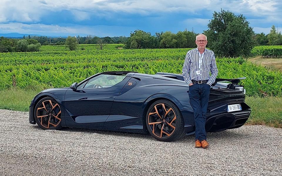Iain Macauley with the Bugatti in Molsheim, Alsace, France