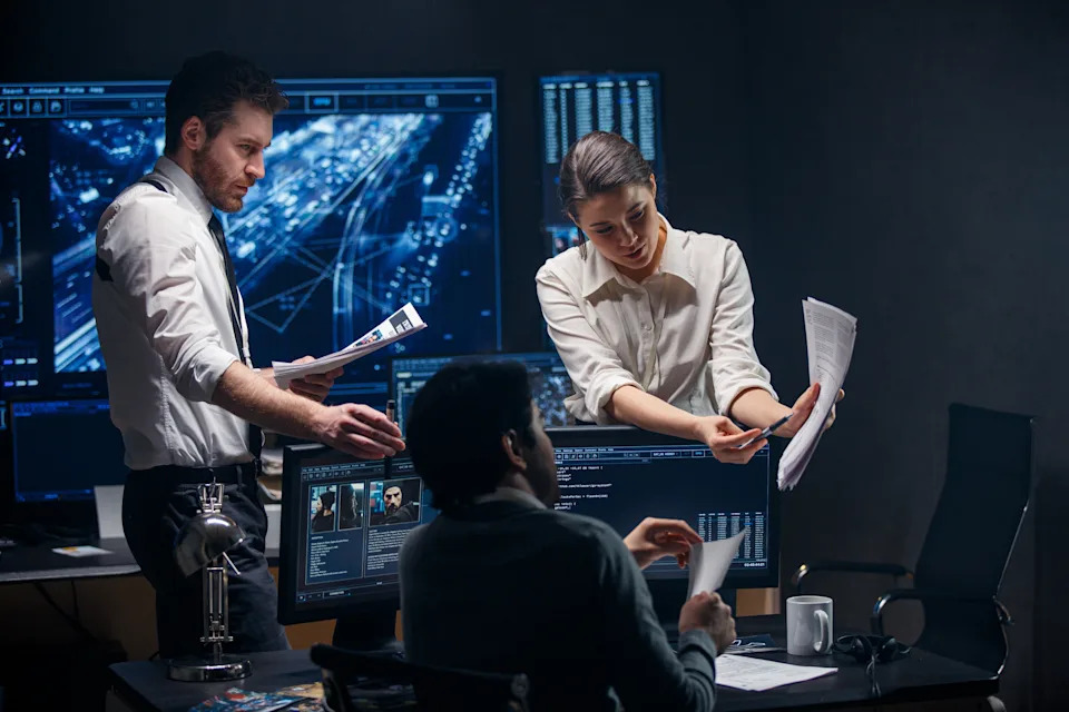 Three people in a high-tech office discuss documents. Multiple computer screens display digital maps and data. The atmosphere is focused and collaborative