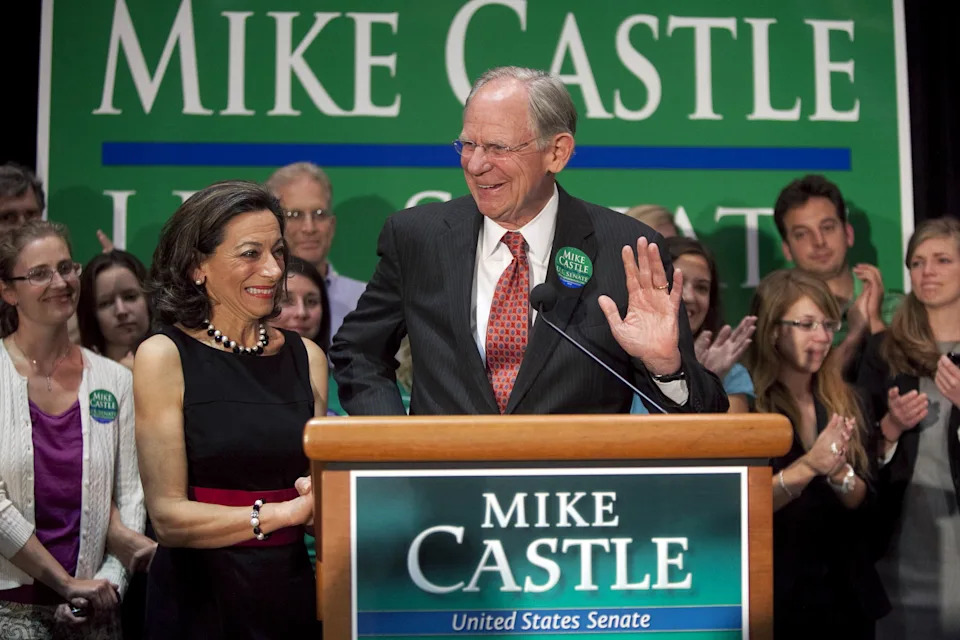 Jane Castle and her husband U.S. Rep. Mike Castle share a light moment during his concession speech at the Chase Center on the Riverfront Sept. 14, 2010, after losing to Christine O'Donnell in the Senate race.