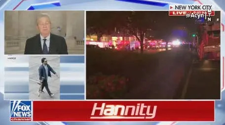 News broadcast showing split-screen: a news anchor, a city street with emergency vehicles, and a pedestrian walking. Text reads "Hannity" and "Fox News."