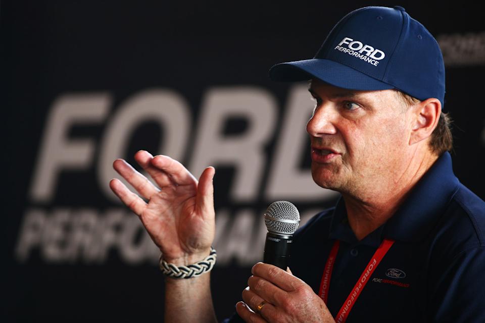 Ford President and CEO Jim Farley talks at a press conference at Circuit de la SartheGetty Images
