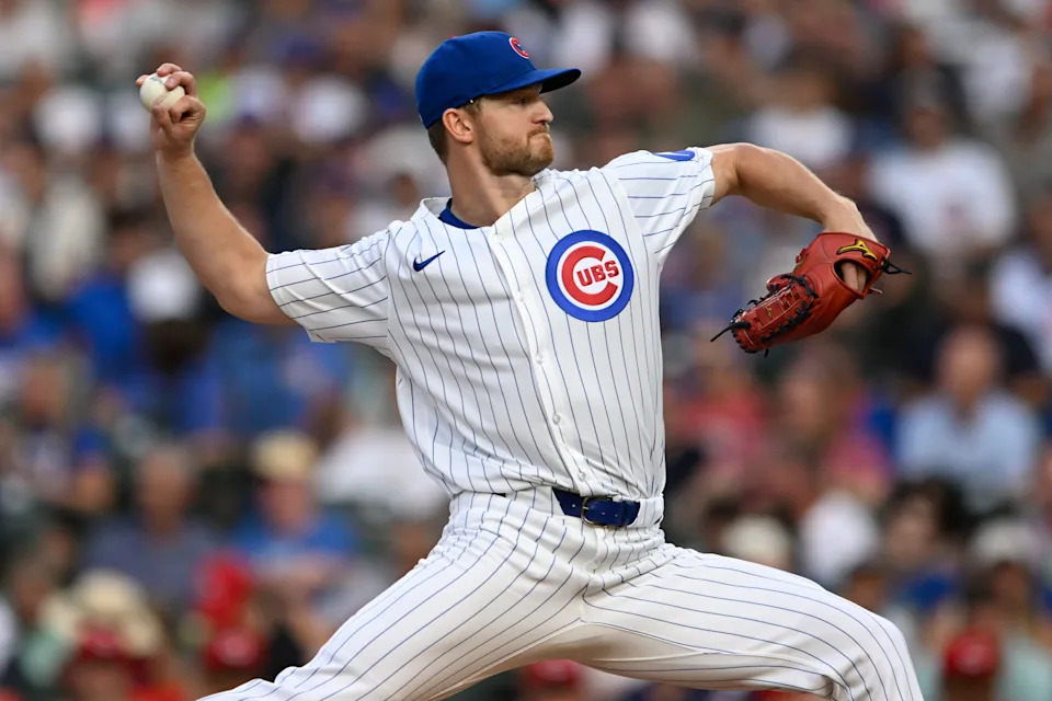 Chicago Cubs starter Michael Soroka delivers a pitch during the first inning of a baseball game against the Cincinnati Reds, Monday, Aug. 4, 2025, in Chicago. (AP Photo/Paul Beaty)