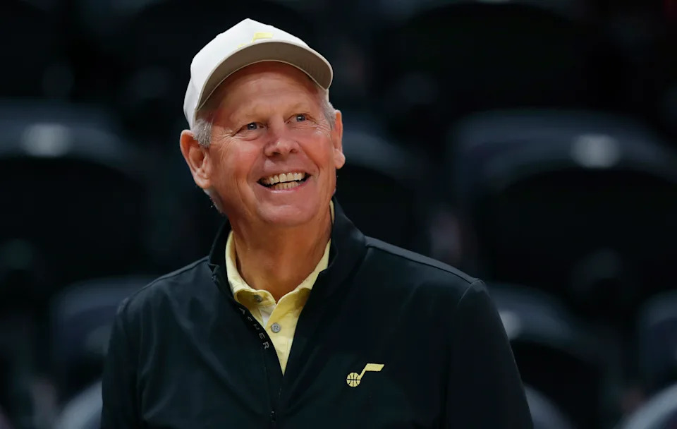 SALT LAKE CITY, UT - OCTOBER 27: Danny Ainge the CEO of the Utah Jazz laughs as he watches warmups before their game against the Los Angeles Clippers at the Delta Center on October 27 2023 in Salt Lake City, Utah. NOTE TO USER: User expressly acknowledges and agrees that, by downloading and or using this photograph, User is consenting to the terms and conditions of the Getty Images License Agreement. (Photo by Chris Gardner/Getty Images)