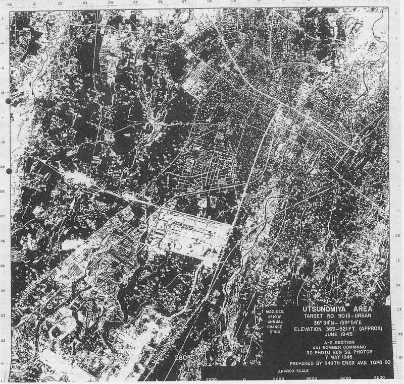 「宇都宮地域 市街地」=1945年5月7日、米第21爆撃機集団の資料より(写真中央が中島飛行機製作所)
