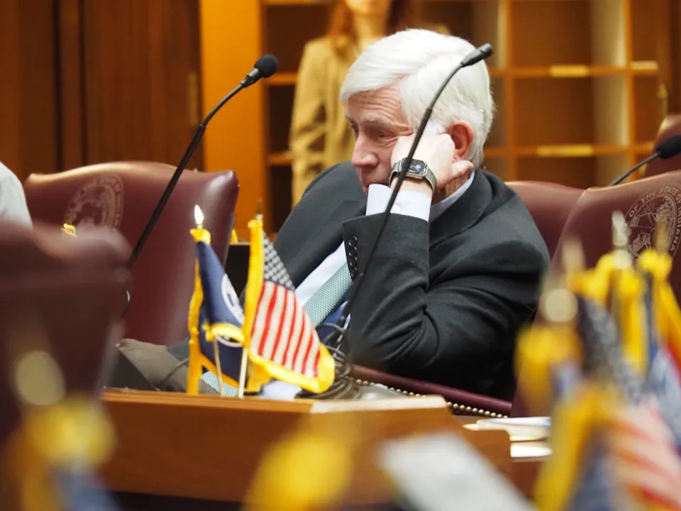 Rep. Ed DeLaney, D-Indianapolis, sits in the House Education Committee on Wednesday, Feb. 12, 2025. (Casey Smith/Indiana Capital Chronicle)