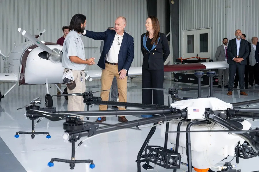 U.S. Secretary of Agriculture Brooke Rollins was briefed on Mississippi State University’s leading research on Uncrewed Aircraft Systems, as well as its groundbreaking work in the area of agriculture autonomy. She viewed the country’s largest and most capable fleet of UAS in academic use. MSU is the lead university for the Alliance for System Safety of UAS through Research Excellence, or ASSURE, and is also home to Raspet Flight Research Laboratory, a key partner in ASSURE, and the nation’s leading academic research center dedicated exclusively to the advancement of UAS. (Photo by Beth Wynn via MSU)