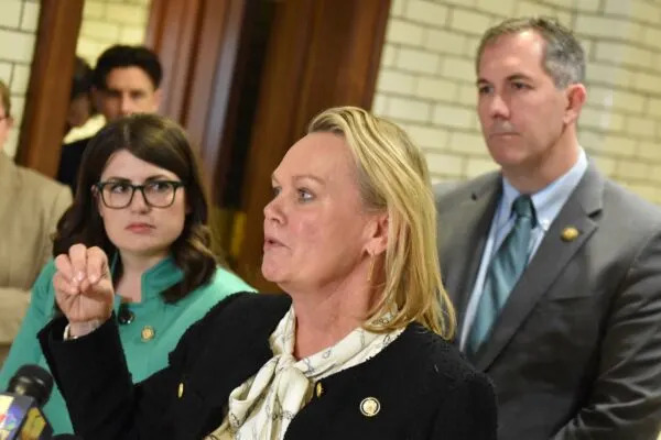  From left, Reps. Sarah Elfreth (D-3rd), April McClain Delaney (D-6th) and Johnny Olszewski (D-2nd), the three freshmen in the Maryland’s congressional delegation. (Photo by Bryan P. Sears/Maryland Matters)
