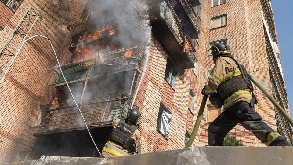 Ukrainian emergency service workers extinguish a fire that broke out after a Russian  drone hit a house in Kostiantynivka, Ukraine, on Wednesday. - Diego Herrera Carcedo/Anadolu/Getty Images