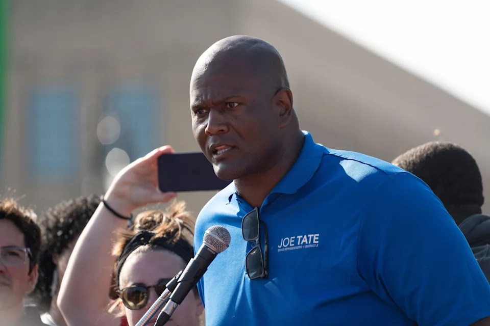 Then-Michigan Speaker of the House Joe Tate talks to a crowd following the Labor Day parade in Roosevelt Park in front of the Michigan Central Station in Detroit on Monday, Sept. 4, 2023.