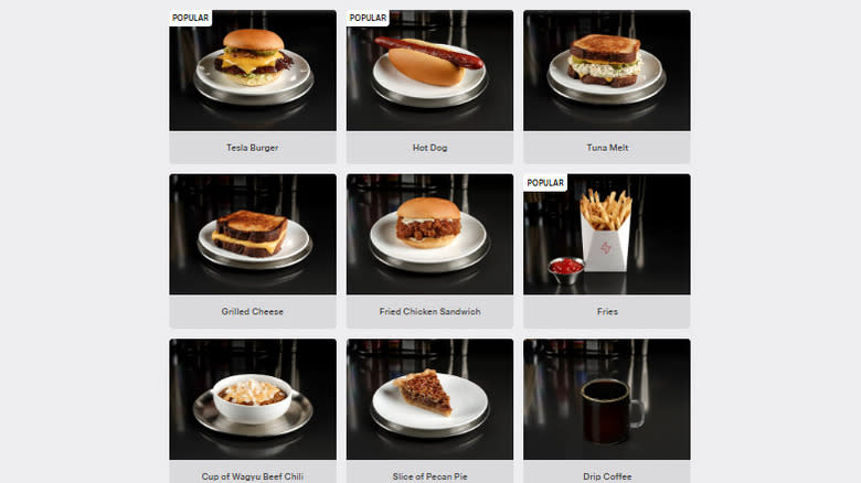 A screenshot of the current food menu available at the Tesla Diner showing just eight food items