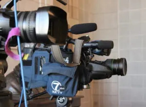  TV cameras before the press conference announcing the new Nebraska ICE facility on Aug 19, 2025. (Juan Salinas II/Nebraska Examiner)