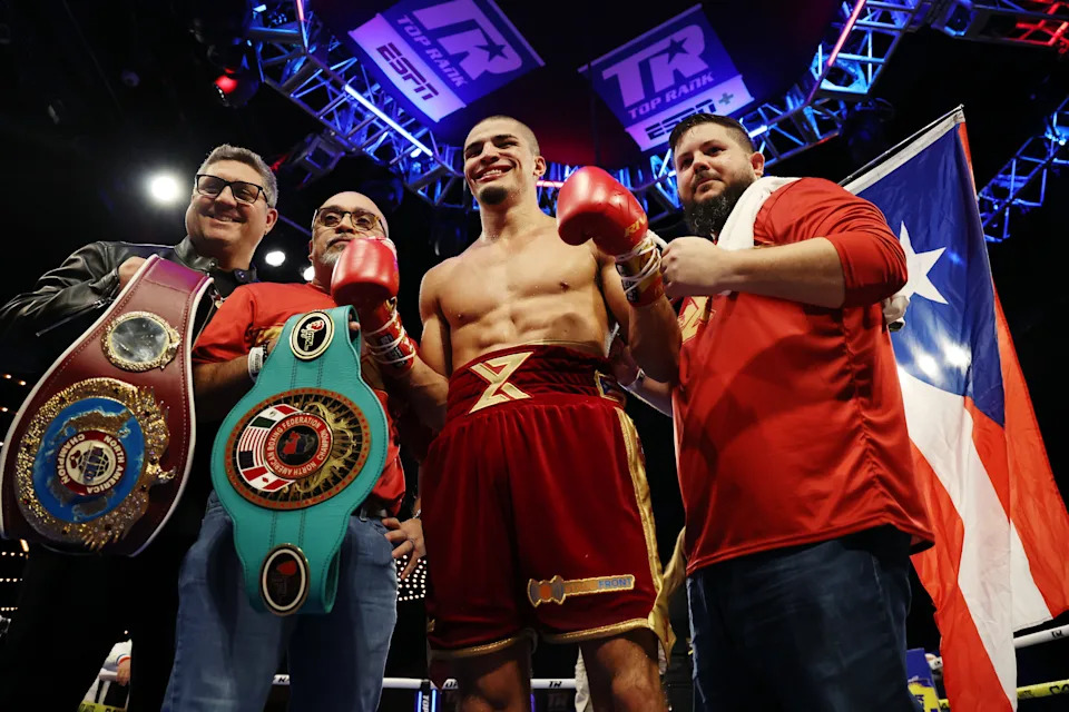 NEW YORK, NEW YORK - SEPTEMBER 27: Xander Zayas of Puerto Rico reacts after defeating Damian Sosa of Mexico during their NABF and NABO Junior Middleweight title bout at The Theater at Madison Square Garden on September 27, 2024 in New York City. (Photo by Sarah Stier/Getty Images)