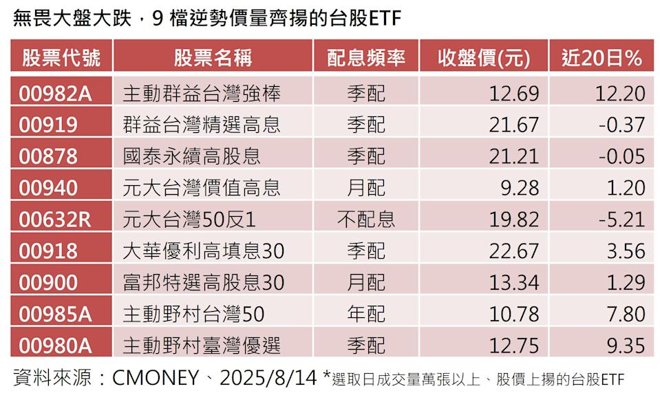 9檔逆勢價量齊揚的台股ETF。圖／投信提供