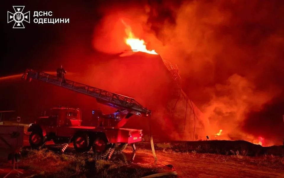 The flaming aftermath of a Shahed attack in the Odesa region