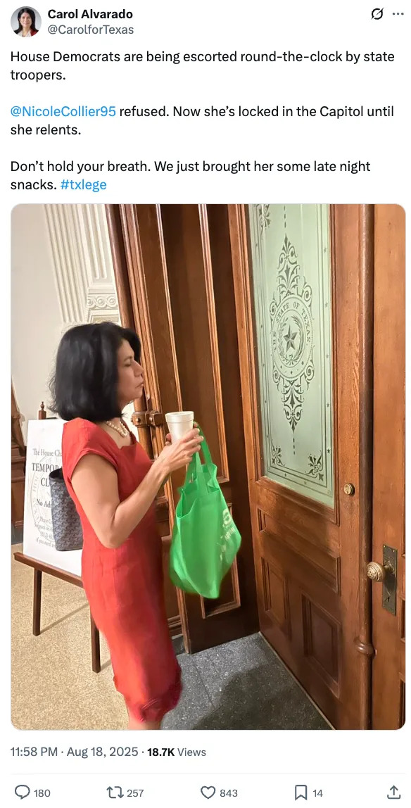 A woman in a red dress holds a drink and a green bag outside a door. The tweet discusses House Democrats and ongoing political activities
