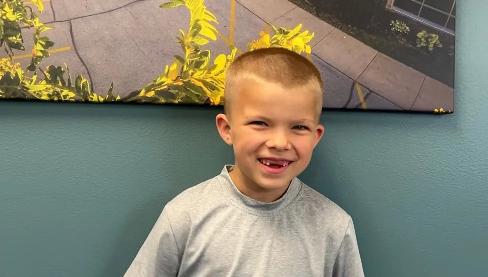 Incoming Suamico Elementary second-grader Emerick shares a laugh during an interview.