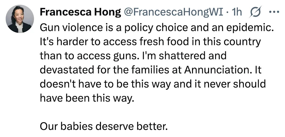 Tweet by Francesca Hong: "Gun violence is a policy choice and an epidemic. It's harder to access fresh food than guns. Our babies deserve better."