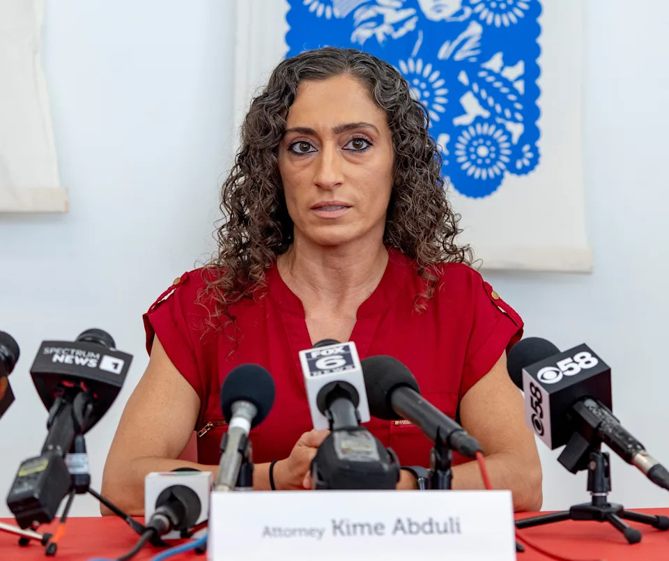 Immigration attorney Kime Abduli speaks at a press conference regarding the arrest of Ramón Morales Reyes by immigration agents on May 30, 2025 in Milwaukee.