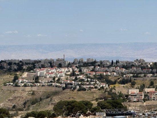 En la foto tomada durante el día se ven los edificios de la colonia de Maale Adumim, construida en una colina y rodeada de árboles.