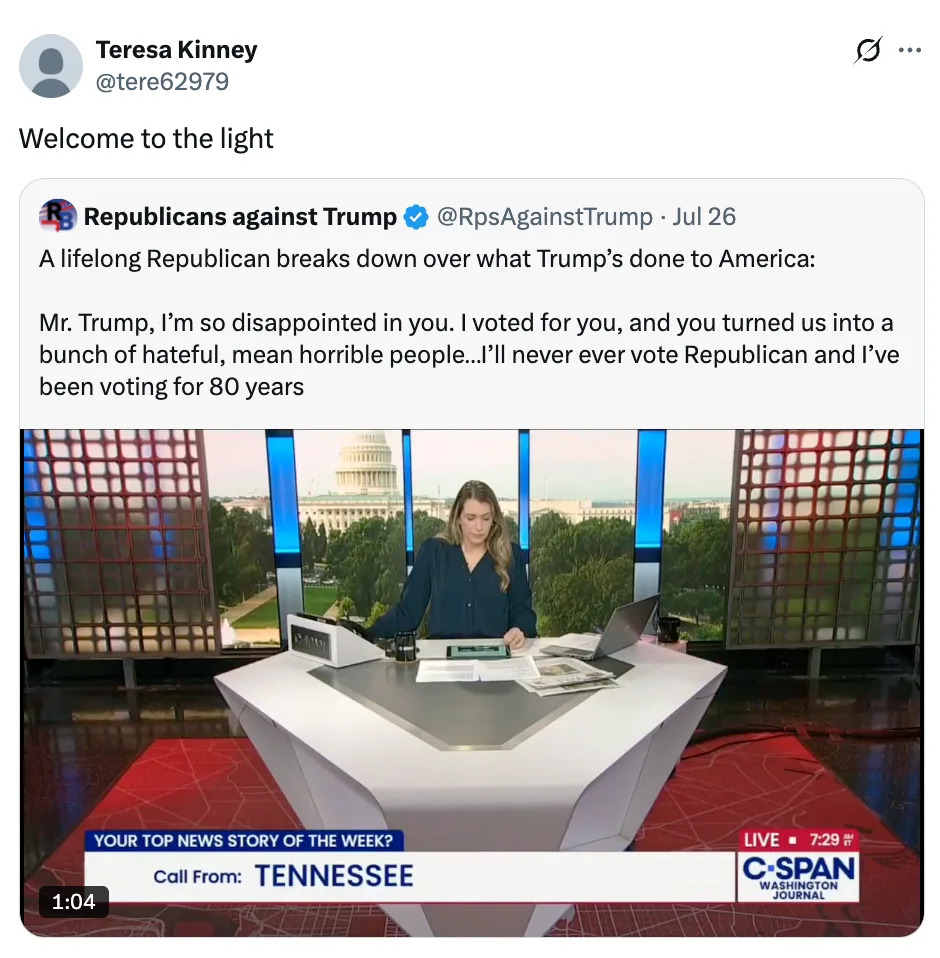 Screenshot of a tweet from "Republicans against Trump" featuring a video of a news anchor reading text critical of Trump, mentioning voting for 80 years
