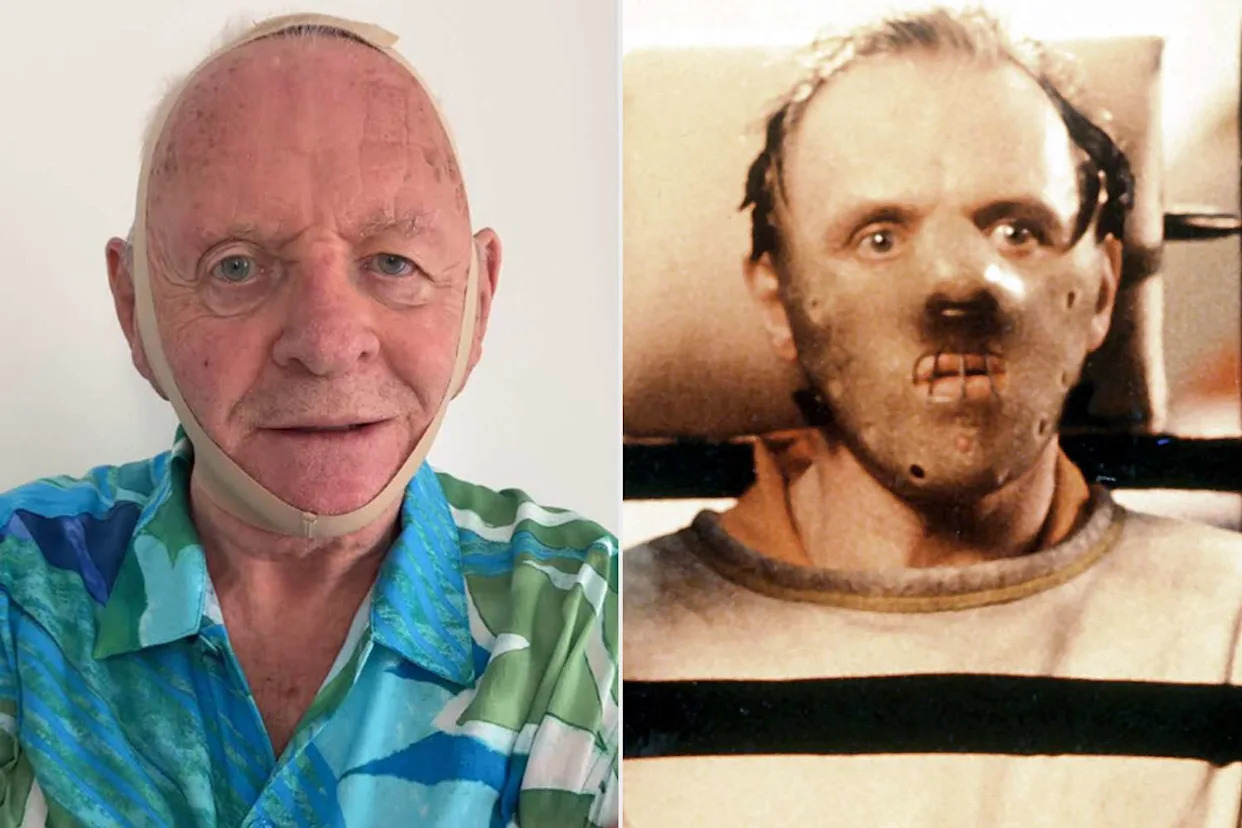 Anthony Hopkins channels Hannibal Lecter while trying on Kim Kardashian's Skims face wrap