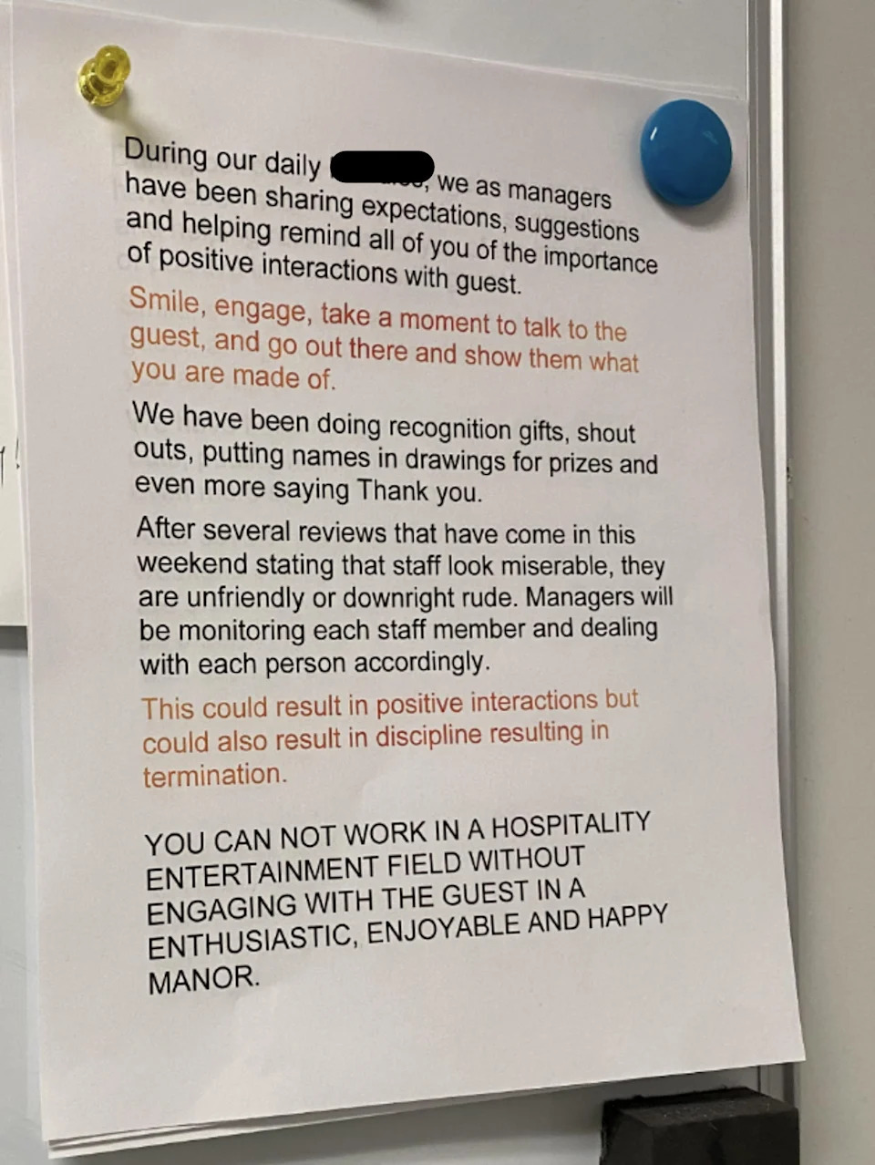 Summary of text: Managers emphasize positive interactions with guests, discussing going out, engaging, and positivity. Negative behavior is monitored and may lead to termination