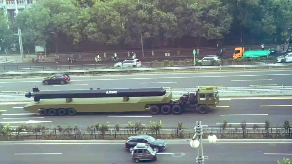 An unmaned underwater vehicle is seen during the parade reharsal. - From Chinese social media