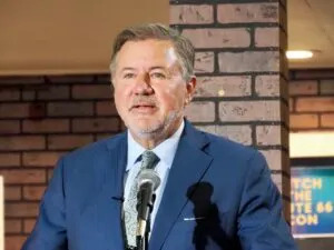  Attorney General Gentner Drummond gives a speech on improving Oklahoma public education for his gubernatorial campaign at the Edmond History Museum on Tuesday in Edmond. (Photo by Nuria Martinez-Keel/Oklahoma Voice)
