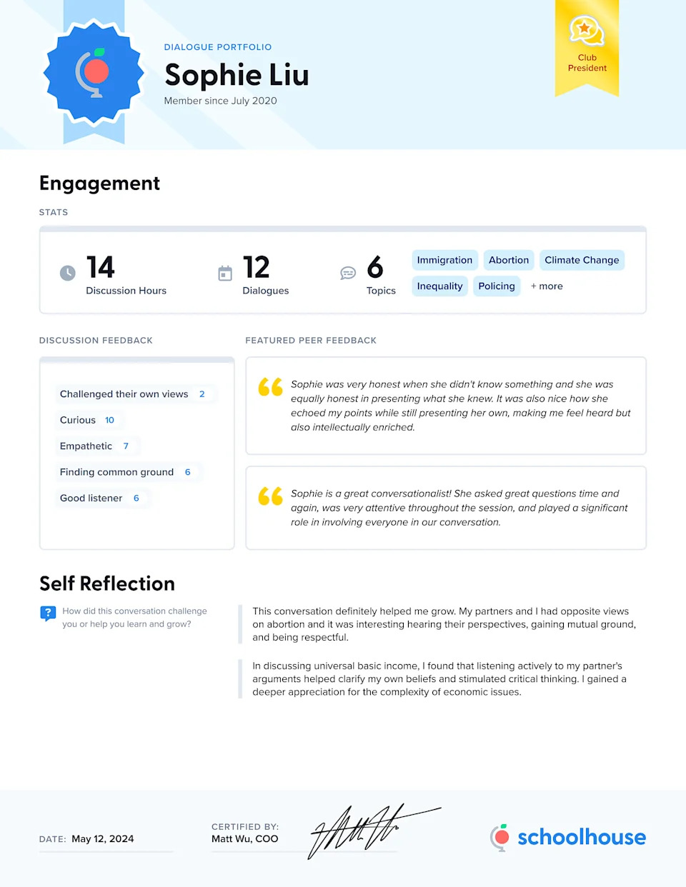 An example of a "Dialogue Portfolio" available to Schoolhouse users. (Schoolhouse)