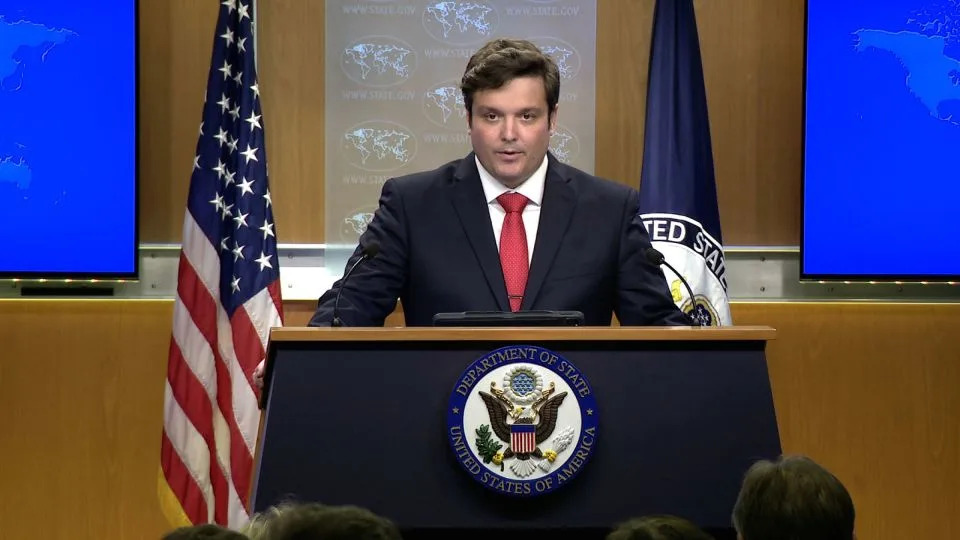 Tommy Pigott, the State Department’s principal deputy spokesman, gives a statement on Thursday, July 24, in Washington, DC. - Pool