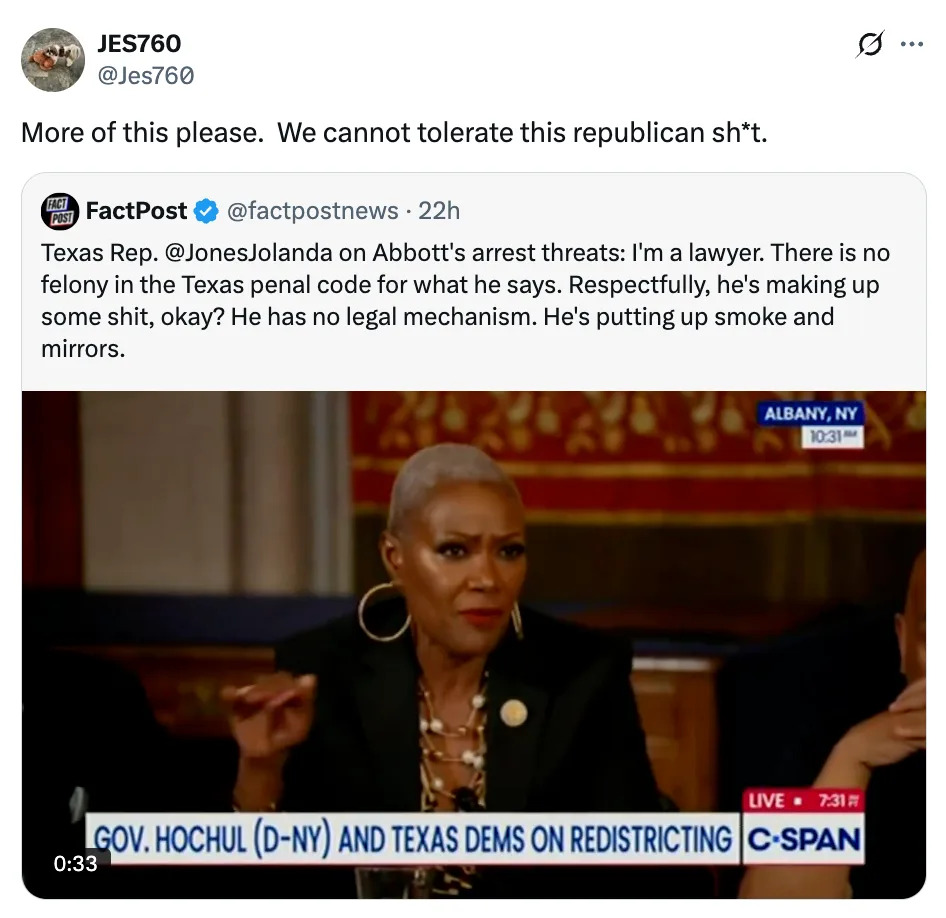 A woman speaks on C-SPAN about Texas Rep. Abbott's arrest threats, calling them smoke and mirrors while addressing redistricting issues