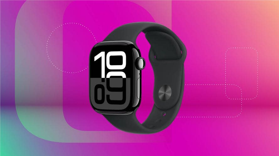 A black Apple Watch Series 10 against a pink gradient CNET background. 