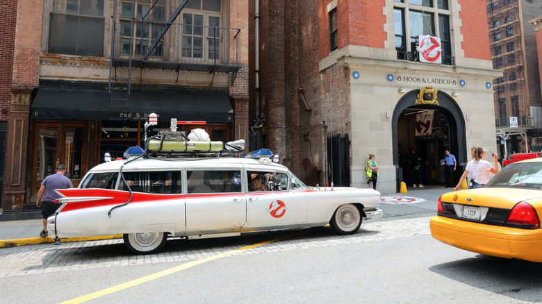 The Ecto-1 vehicle is seen on the set of the 'Ghostbusters: Afterlife' movie sequel outside the iconic Firehouse in Tribeca, Manhattan on June 15, 2023 in New York City.