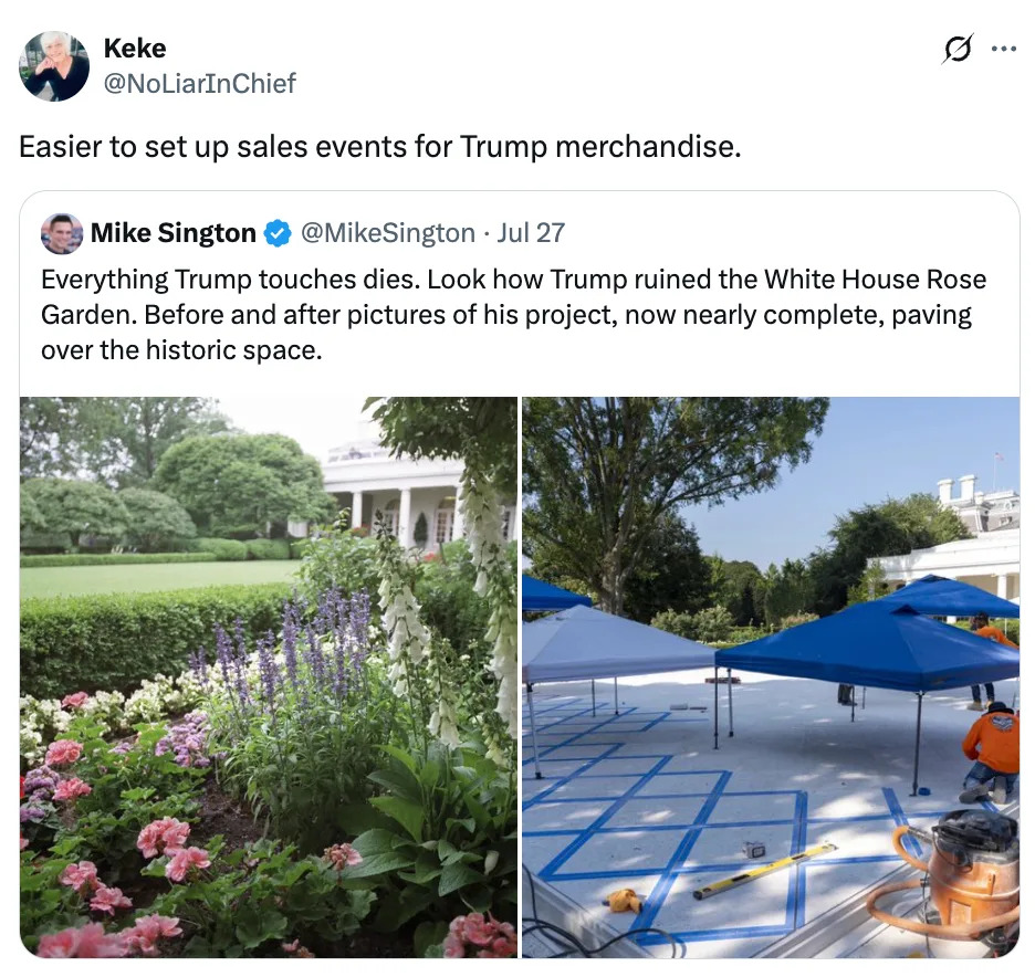 Tweet comparing the White House Rose Garden before and after changes, showing flowers and a stark construction area