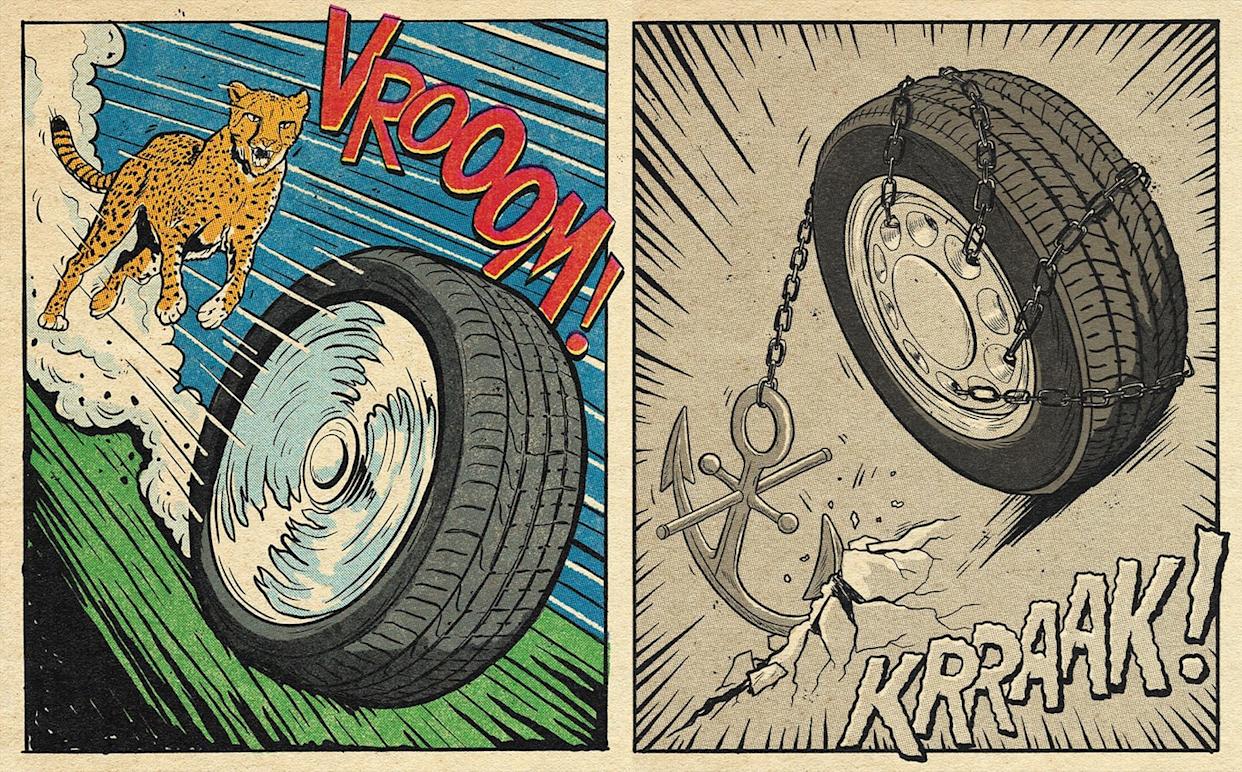 illustration of a tire being chased by a cheetah and another tire anchored down