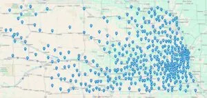 A map of Nebraskans who signed a petition led by Nebraska Appleseed against a state-federal plan to convert the rehabilitative-focused Nebraska Work Ethic Camp facility in McCook to be a state-run migrant detention center with U.S. Immigration and Customs Enforcement. (Courtesy of Nebraska Appleseed)