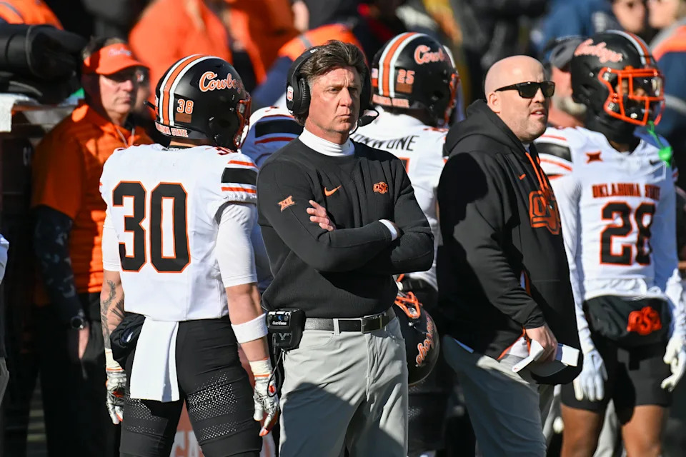 BOULDER, CO - NOVEMBER 29: Oklahoma State head coach Mike Gundy on the sidelines during the college football game between the Oklahoma State University Cowboys and the University of Colorado Buffaloes on November 29, 2024 at Folsom Field in Boulder, CO. (Photo by Kevin Langley/Icon Sportswire via Getty Images)