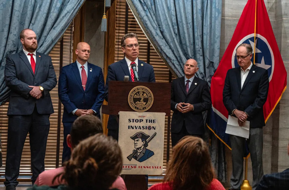 U.S. Rep. Andy Ogles, Republican of Tennessee's 5th District, at Memorial Day press conference with, from left, Reps. Kip Capley, Lee Reeves, Gino Bulso and Senate Majority Leader Jack Johnson. (Photo: John Partipilo/Tennessee Lookout)