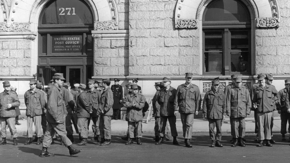 National Guard units patrol outside the main New York Post Office on March 25, 1970, after being mobilized by President Richard Nixon. - Leslie Leon/Keystone/Getty Images
