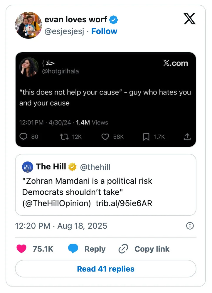 Social media post showing a tweet mocking political advice, followed by an article link about political risks for Democrats