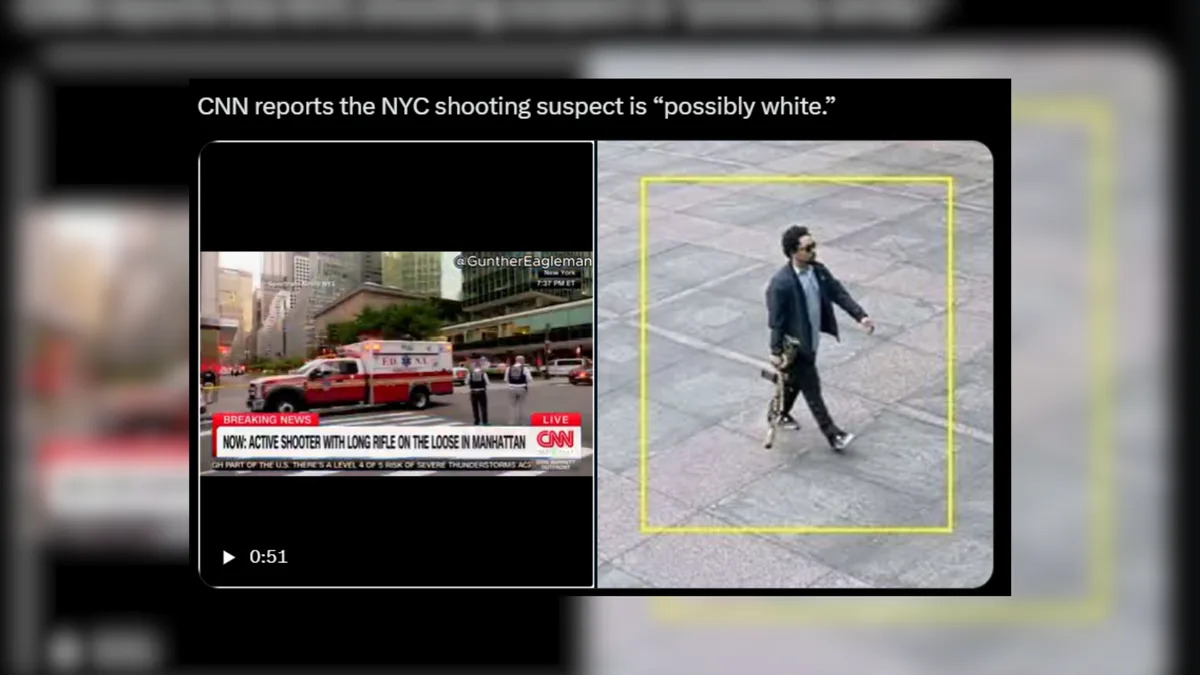 A composite image with two parts. On the left is a CNN news broadcast screenshot showing an ambulance and police on a Manhattan street with the chyron, &#x00201c;NOW: ACTIVE SHOOTER WITH LONG RIFLE ON THE LOOSE IN MANHATTAN.&#x00201d; On the right is a surveillance-style photo of a man walking on a city sidewalk holding what appears to be a long rifle. He is wearing sunglasses, a dark jacket and dark pants. The image is captioned at the top: &quot;CNN reports the NYC shooting suspect is 
