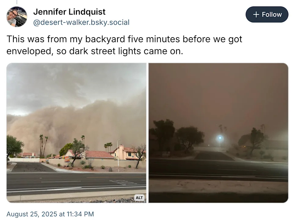 Two side-by-side photos: a residential area under a darkening sky and street lights on, with a tweet about a looming weather event