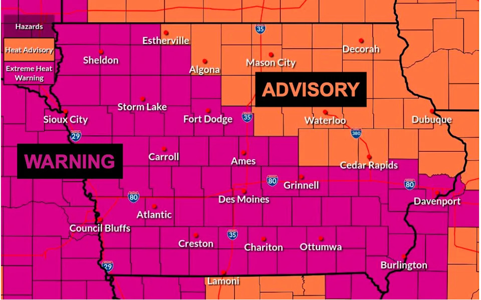 The majority of the state of Iowa is under a heat warning for July 28, 2025.