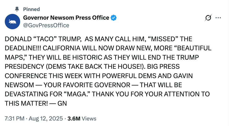 Tweet from Governor Newsom Press Office announcing California's plan to end Trump's presidency with upcoming press conference with powerful dems