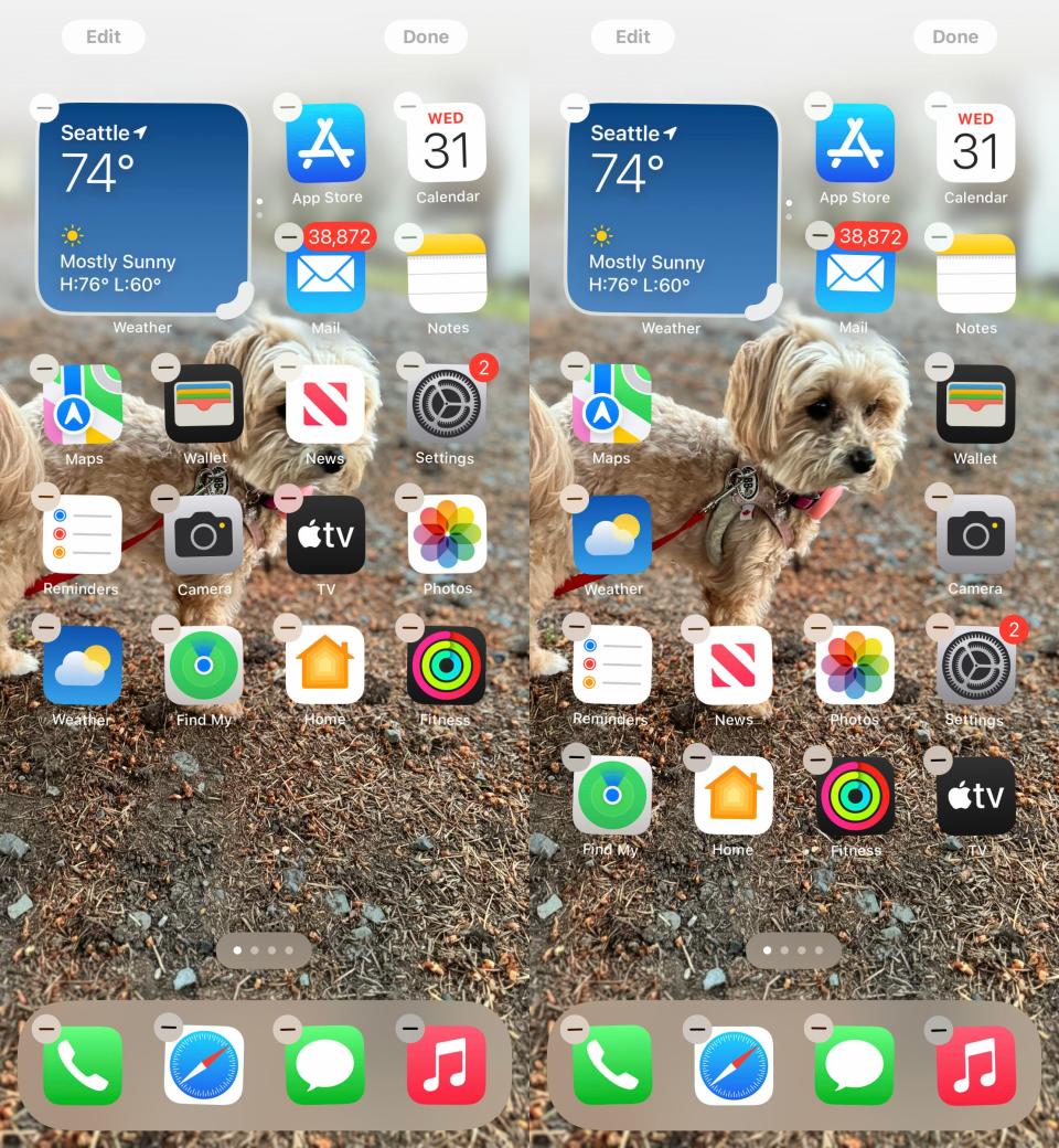 Two iOS 18 screenshots showing icons covering a wallpaper image of a small dog at left and at right the icons have been positioned so the dog's face is visible.